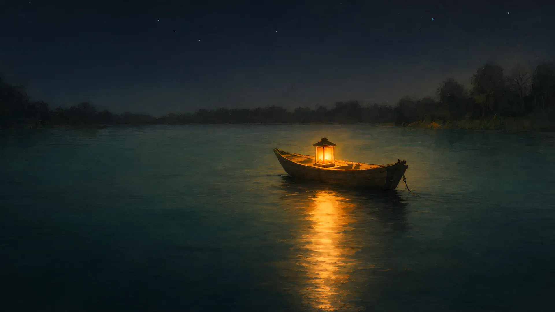 A small wooden boat with a glowing lantern drifting on a calm river at night.